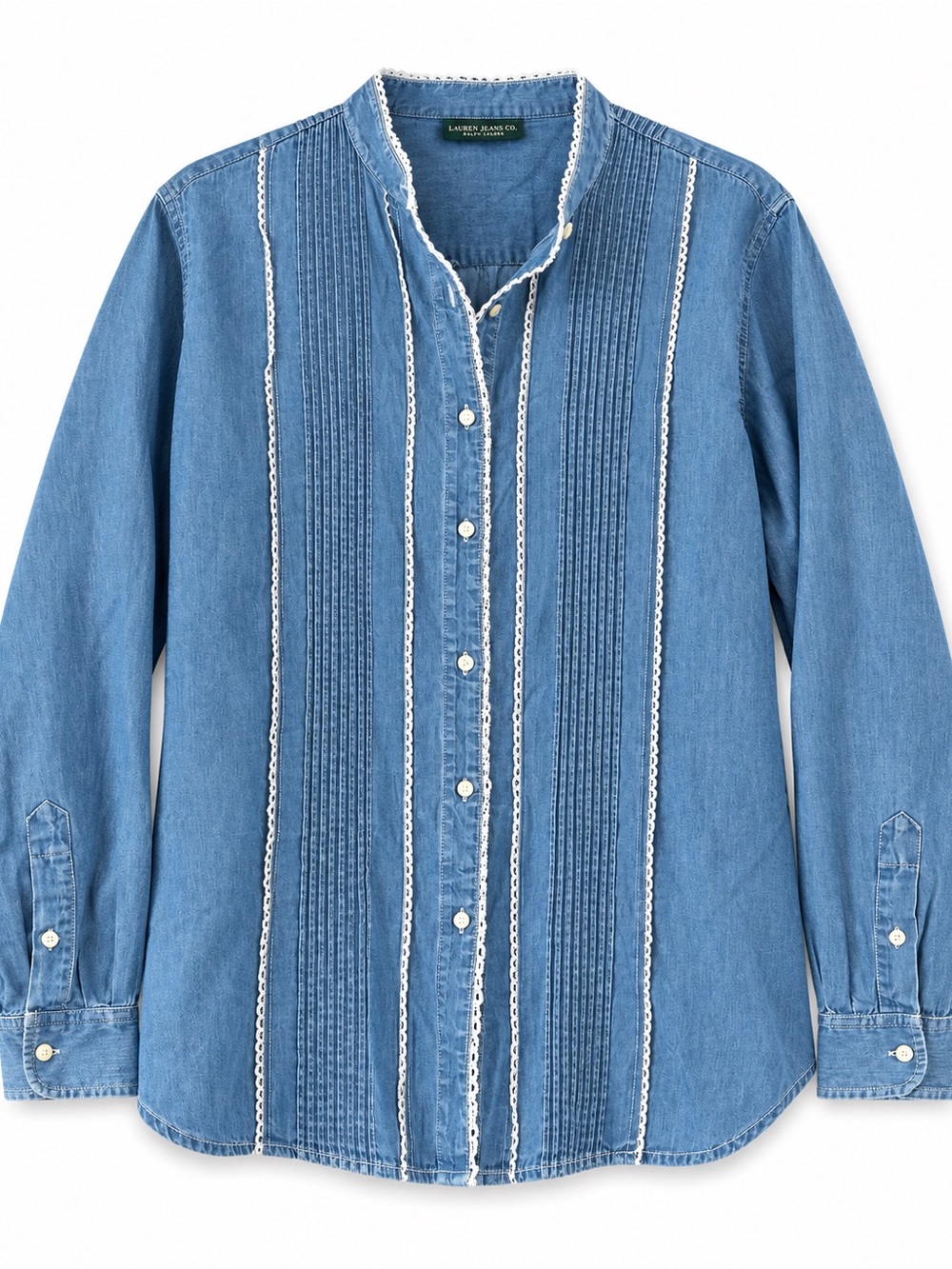 Vintage Light Blue Denim Pintuck Lace-Trim Blouse